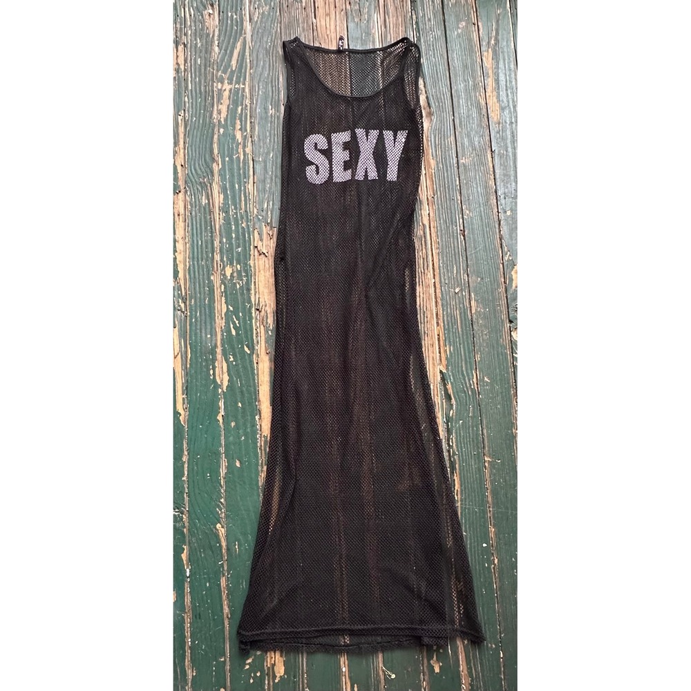 True Rock Black Fishnet Maxi Dress Sexy Graphic Mesh Swim Cover Up One Size